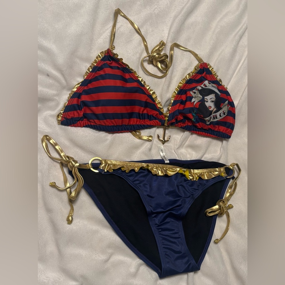 Nautical Red & Navy Striped Bikini with Gold Trim